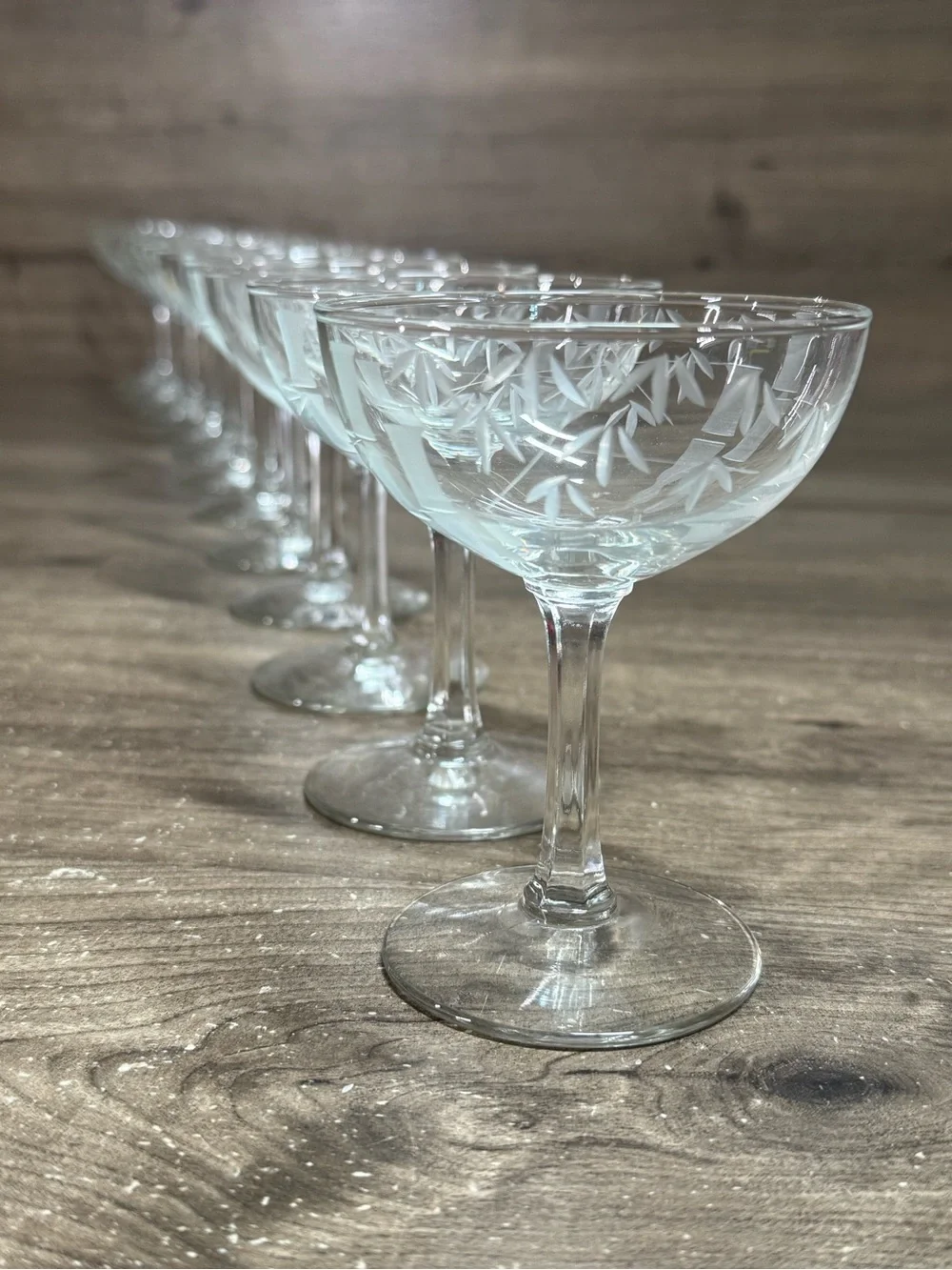 (4) Vintage Noritake Sasaki Bamboo Etched Glassware Champagne Coupes Set 4